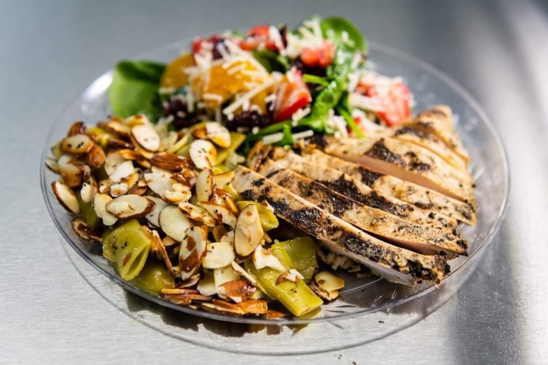 grilled chicken, almond green beans, and summer salad